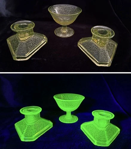 L.E. Smith 'By Cracky Canary' Glass & Candle Holders 1930s Read Description
