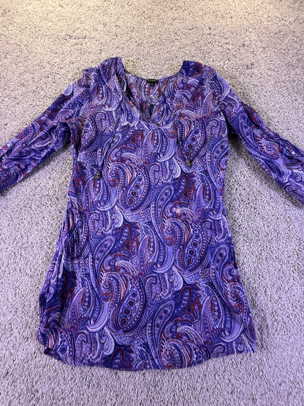 Talbots Spring Dress 100% Cotton Lightweight V Neck Blue Purple Paisley Medium
