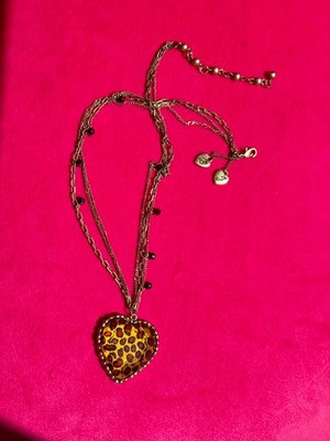 Vintage Betsey Johnson Multi-Chain Leopard Heart Pendant Necklace Y2K Whimsygoth