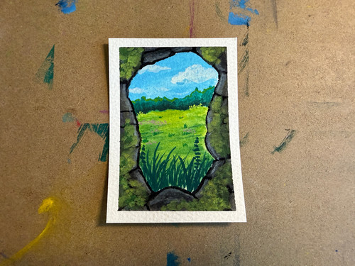 ACEO Original Gouache Meadow Wildflowers Fantasy Ruins Stone GBares