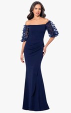 XSCAPE Navy Blue Off Shoulder Floral Sleeve Mermaid Evening Dress Sz 12 Women 