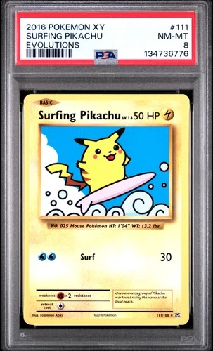 2016 POKEMON XY EVOLUTIONS #111 SURFING PIKACHU PSA 8