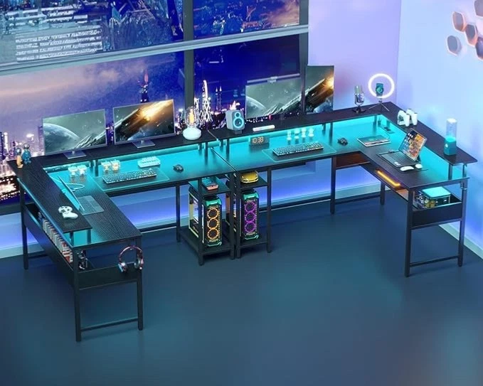 Gaming Schreibtisch L Form mit LED Steckdosen Gaming Tisch mit Monitorständer - Bild 4 von 4