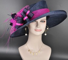 Blue w Fuchsia Pink Kentucky Derby Hat, Royal Ascot Hat, Tea Wedding Party Hat