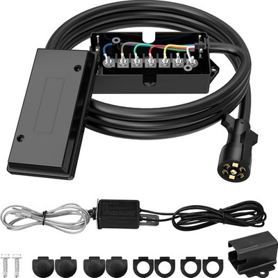 7 Way 8 Foot Trailer Cord with 7 Gang Junction Box Kit, Include 12V Breakaway Sw