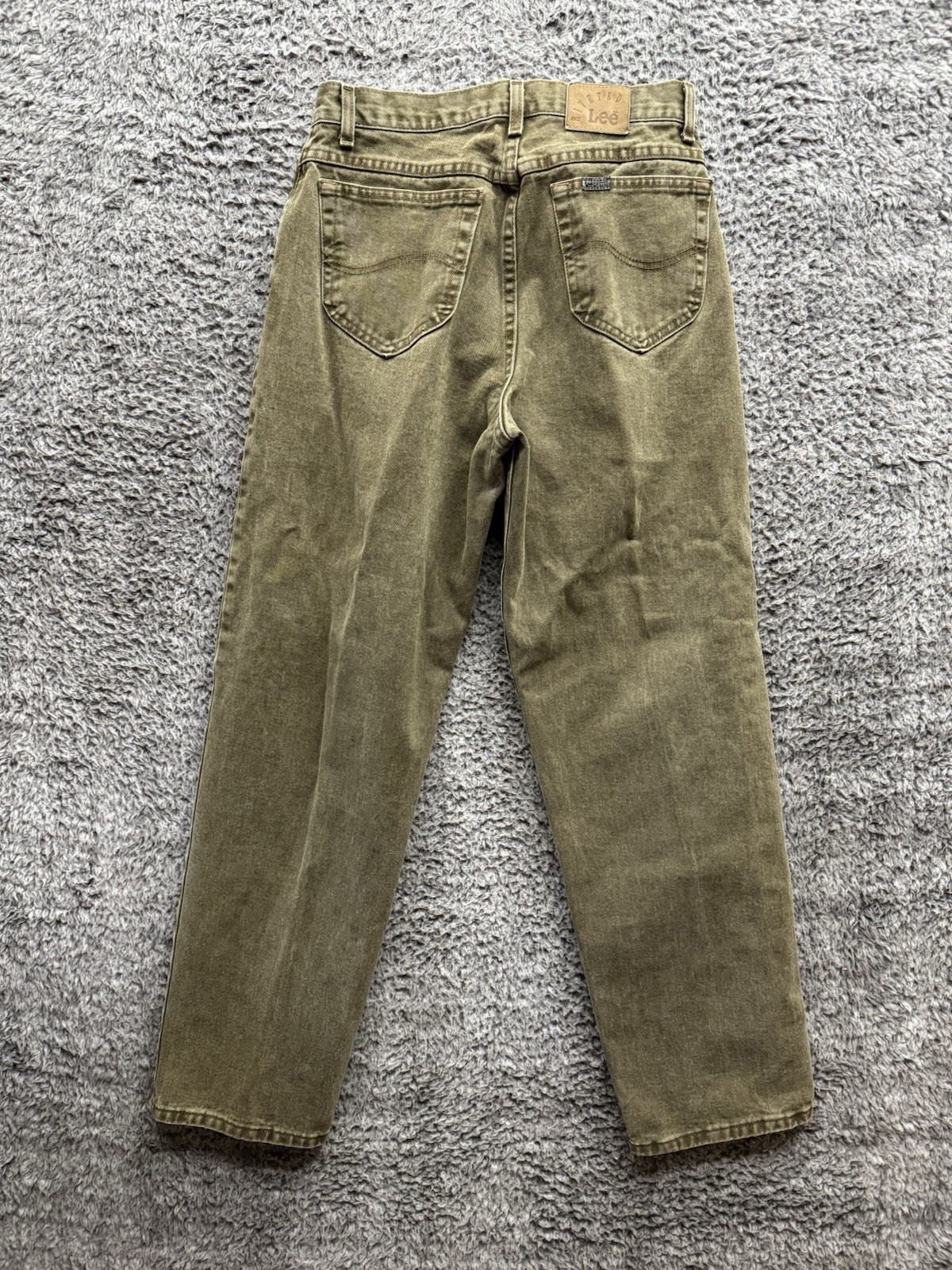 VINTAGE Lee Riveted Jeans Long Green Denim Tapered Leg USA 31x32 thumbnail 2