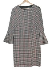 Lauren Ralph Lauren Houndstooth Plaid Sheath Dress Bell Sleeve Size 8 Black Red