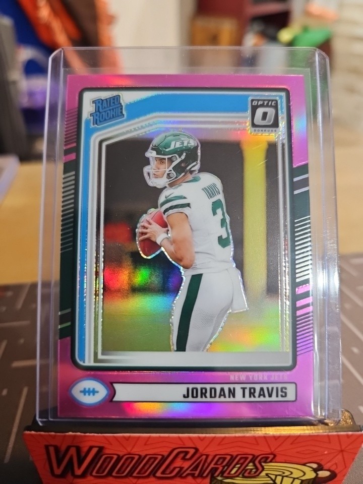 2024 Jordan Travis RC Panini Donruss Rated Rookie Optic Preview Pink Prizm Jets
