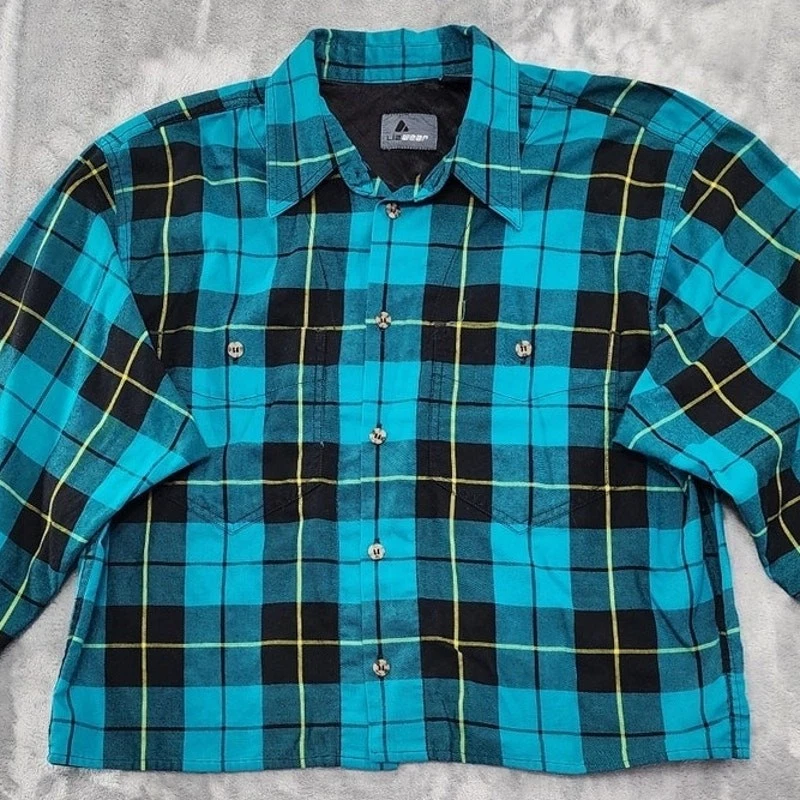 Vintage 90s Lizwear Top Womens L Blue Black Plaid Long Sleeve Button Up CROPPED - Image 2 of 4