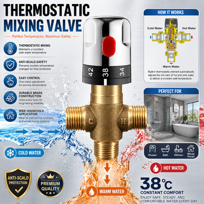 Brass Thermostat Mixing Valve Water Temperature Control for Bathroom Basin Pipe