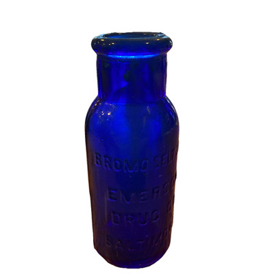 4'' Cobalt Blue Embossed Emerson Drug Co. Bromo-Seltzer Bottle Baltimore 1900s