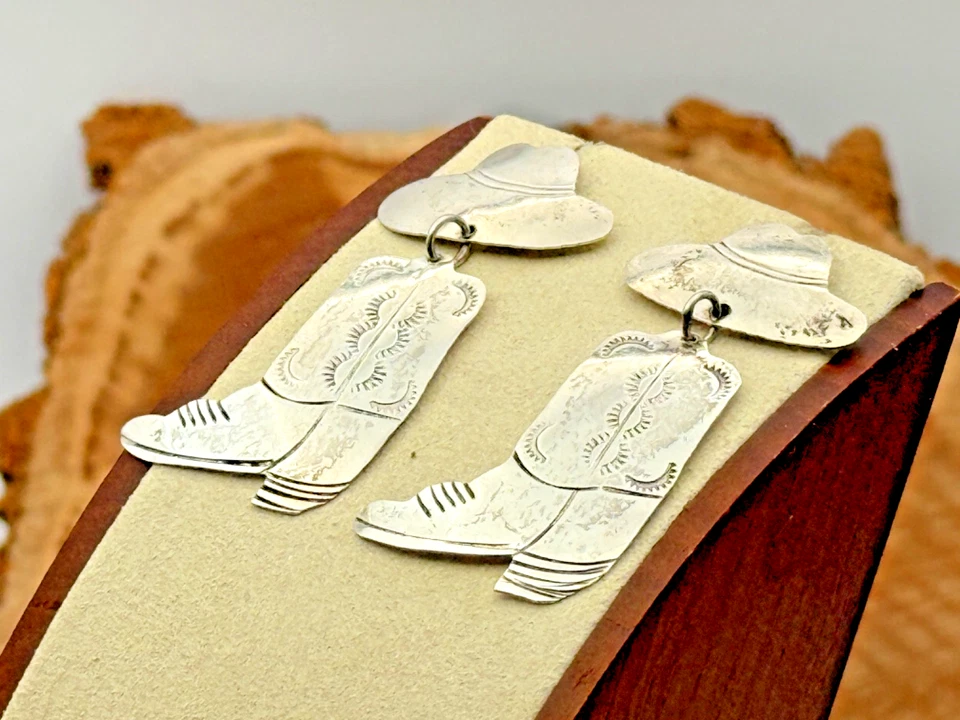 Pendientes colgantes de bota de vaquero navajo vintage de plata esterlina--TB633,25 Foto 3 de 4