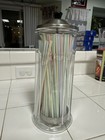 Old-Fashioned Straw Holder / Dispenser, Thick Glass Jar w/ Metal Lid & Mechanism — photo 5