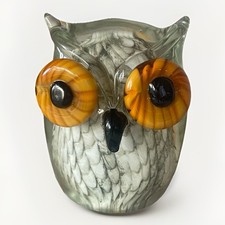 Vintage MCM Vibe Hand Blown 5" Art Glass Owl Figurine Paperweight Murano-Style