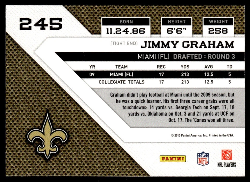 2010 Panini Threads Jimmy Graham Rookie New Orleans Saints #245 - Image 2 of 2