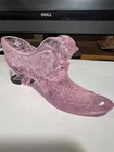 Fenton Art Glass Cougar Cat Pink Opalescent Daisy Button Frosted Shoe Slipper