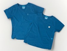 2 Carhartt Force Teal Blue Scrub Top V-Neck Short Sleeve Women's Large