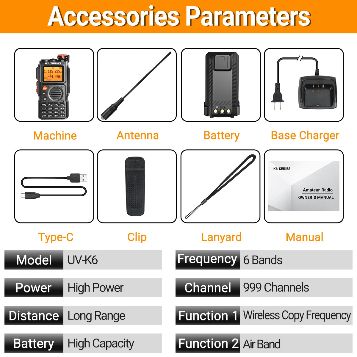 Baofeng UV-K6 Multi Band Walkie Talkie Type-C Long Range NOAA Ham Two Way Radio Baofeng UV-K6 Multi Band Walkie Talkie Type-C Long Range NOAA Ham Two Way Radio