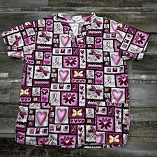 Women's XS Life scrub top pink ribbon hearts dragonfly Nurse Medical