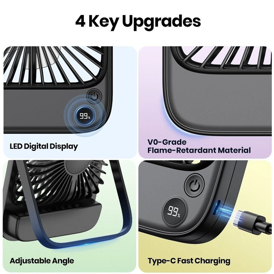 4 Speeds Desk Fan 5000mAh Rechargeable Silent Desktop Table Fan Power Display US - Image 4 of 4