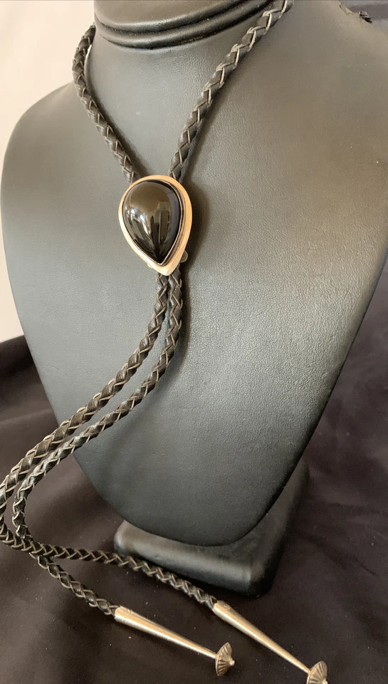 Mens Black Onyx Sterling Silver Navajo Bolo Tie 12148 - Image 3 of 4