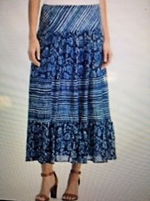 NEW Chaps Womens Crinkle Maxi Skirt Cotton Tiered Tie Dye Blue S L PL NWT