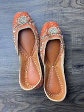 Traditional Orange And Gold Indian Bridal Wedding Punjabi Jutti Leath Shoes 36,5