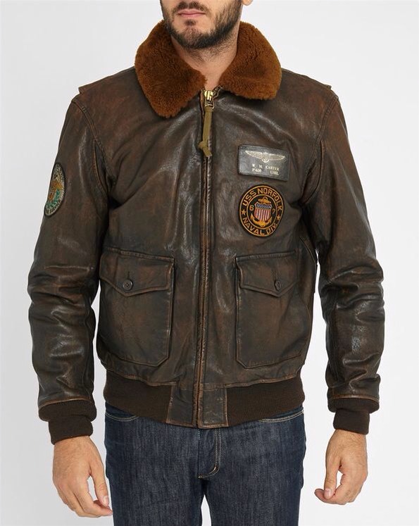 Ralph Lauren Brown Fur Collar Aviator Patch Destroyed Leather Jacket Size S
