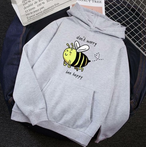 Cute Bee Print Don't Worry Be Happy Pullover Jumper Hoodie Sweatshirt Sweater - Picture 2 of 4