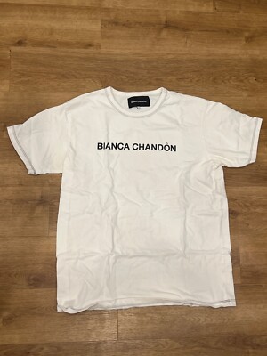 BIANCA CHANDÔN Men s T-Shirt White w/ Black Logo & Trim Large Cotton Made USA