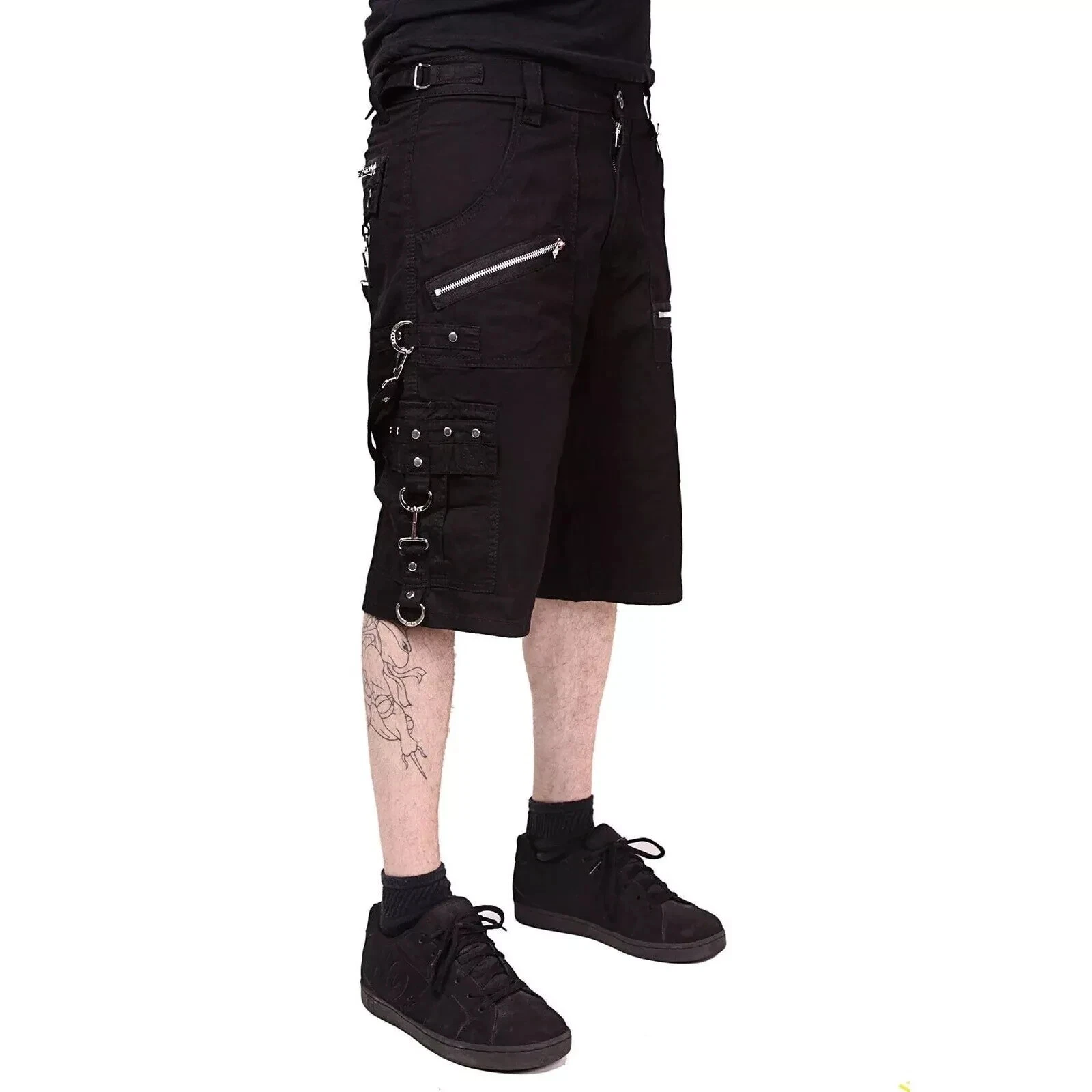 Mens Black Punk Shorts Gothic Black Cotton Shorts Punk Emo Shorts With Zipper