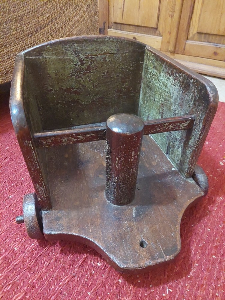 19th Century Primitive Pull Along Child Seat Wagon Wooden Rolling Wheels