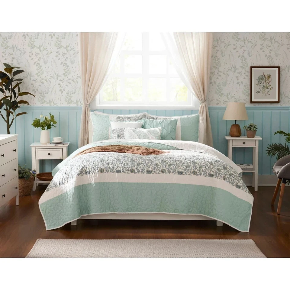 HERMOSO JUEGO DE EDREDÓN SUAVE COTTAGE SHABBY CHIC AZUL CLARO BLANCO ENCAJE GRIS PAÍS Foto 3 de 4