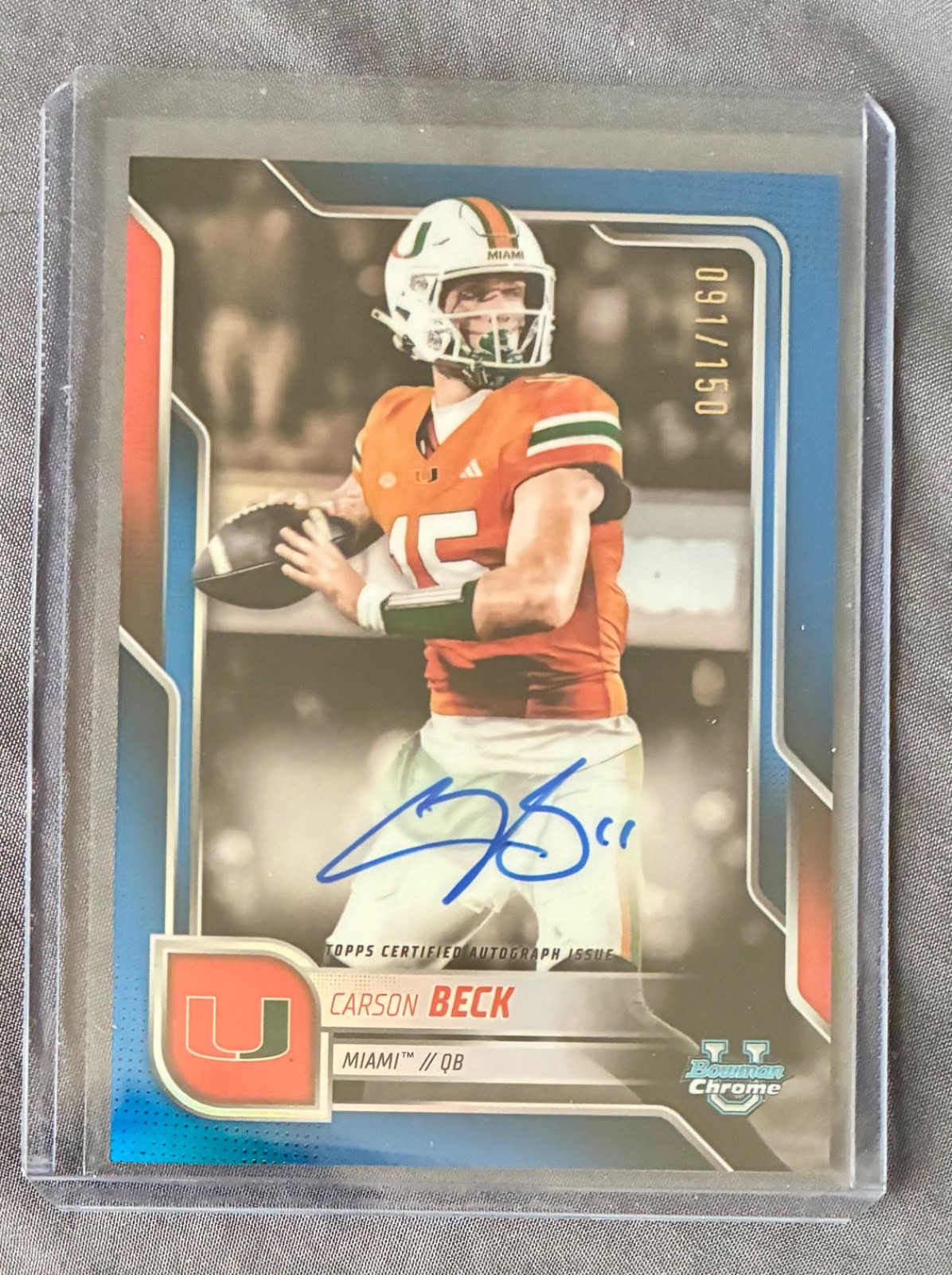 Carson Beck 2025 Bowman Chrome U True BLUE REFRACTOR AUTO /150 #BCA-CBE Miami