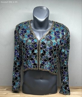 Vintage 90s Oleg Cassini Black Tie Women's Sequin Beaded Mosaic Silk Jacket