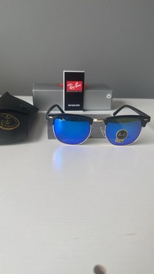 New Ray-Ban RB3016 Clubmaster Black Frame Blue Mirror Lens Shades