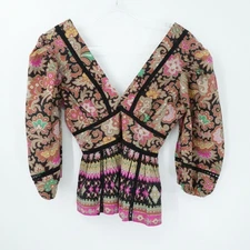 Love The Label Blouse Womens M Multicolor Puff Sleeve Babydoll Smocked Boho