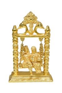 Radha Krishna on Swing Jhula Metal Statue Gold Plated Decor 5" x 1 1/2" x 8"