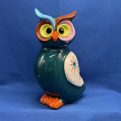 Vintage Whimsical Teal Ceramic Statue Owl With Blue Rhinestones On Wings 8.5 