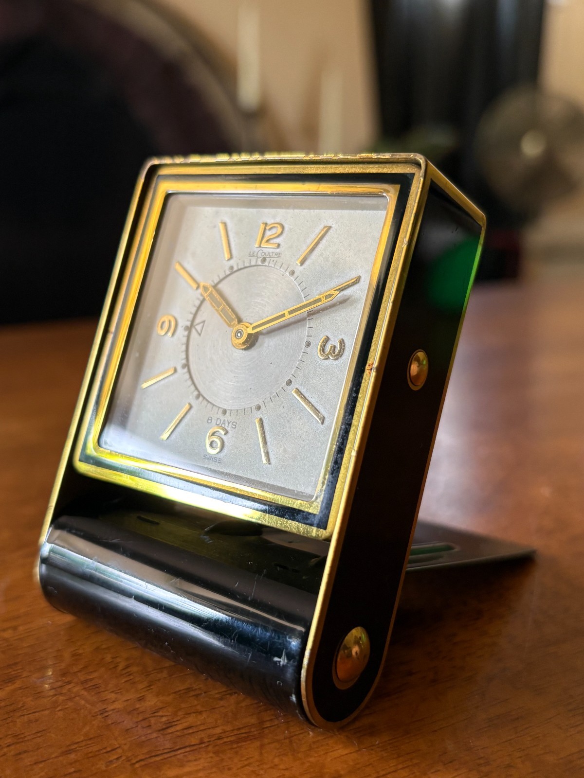 Jaeger Le Coultre 8 Day Travel Alarm Clock Black Enamel Brass Swiss Vintage 36 / 3 featured image