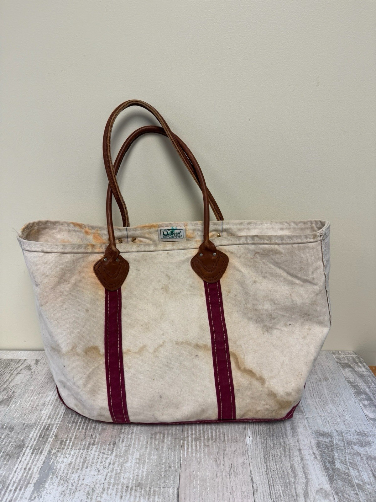 Vintage LL Bean Red Boat Tote Canvas Bag with Leather Handles 70s-90s Large Size