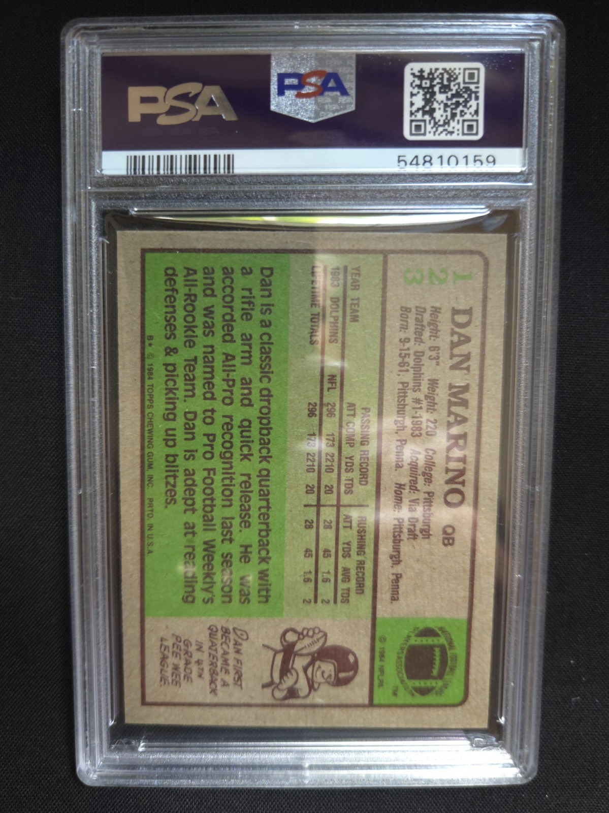 Topps 1984 Dan Marino Rookie #123 PSA 7 Miami Dolphins AFC Pro Bowl view 3