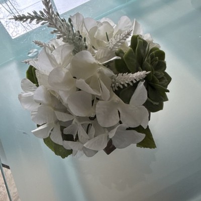 Artificial White Hydrangea Succulent Arrangement Wood Box Green Plastic Floral