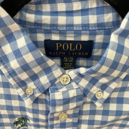 Polo Ralph Lauren Boys Shirt XL 18/20 Blue Gingham Check Palm Tree Short Sleeve - Picture 4 of 10