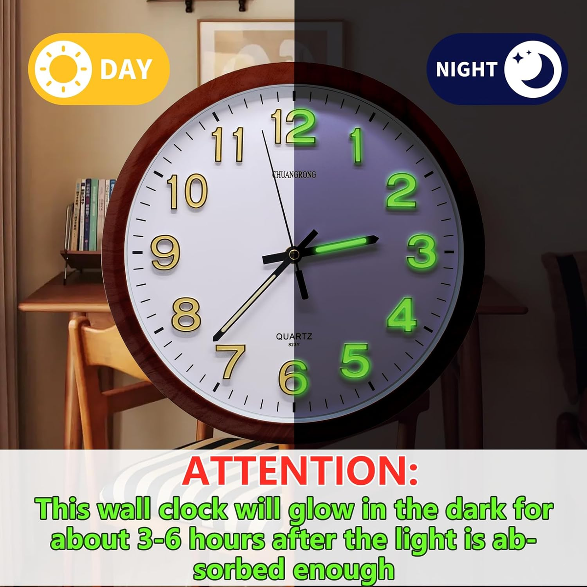 Glow in the Dark 3D Numerals Wall Clock，12 Inch Retro Silent Non