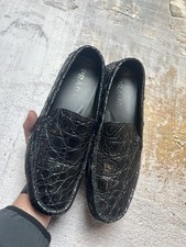 Prada Loafers Men’s Vintage Black Leather Crocodile Embossed Slip Designer shoes