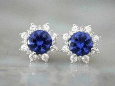 2Ct Round Cut Lab Created Blue Sapphire Halo Stud Earrings 14K White Gold Plated