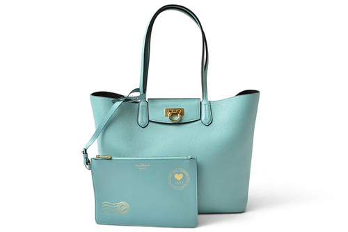 Salvatore Ferragamo Gancini 21 Leather Light Blue Pouch Included Ladies #PTB608