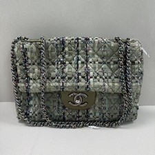 Auth Chanel Classic Flap Crossbody Bag Sage Woven Fabric Silver CC Hardware