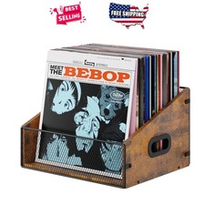 Vinyl Record Storage Holder Rustic Brown Wood Metal LP Crate with Handle Desk...